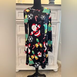 Festive Christmas Dress with Santa and Holiday Prints - Size Medium